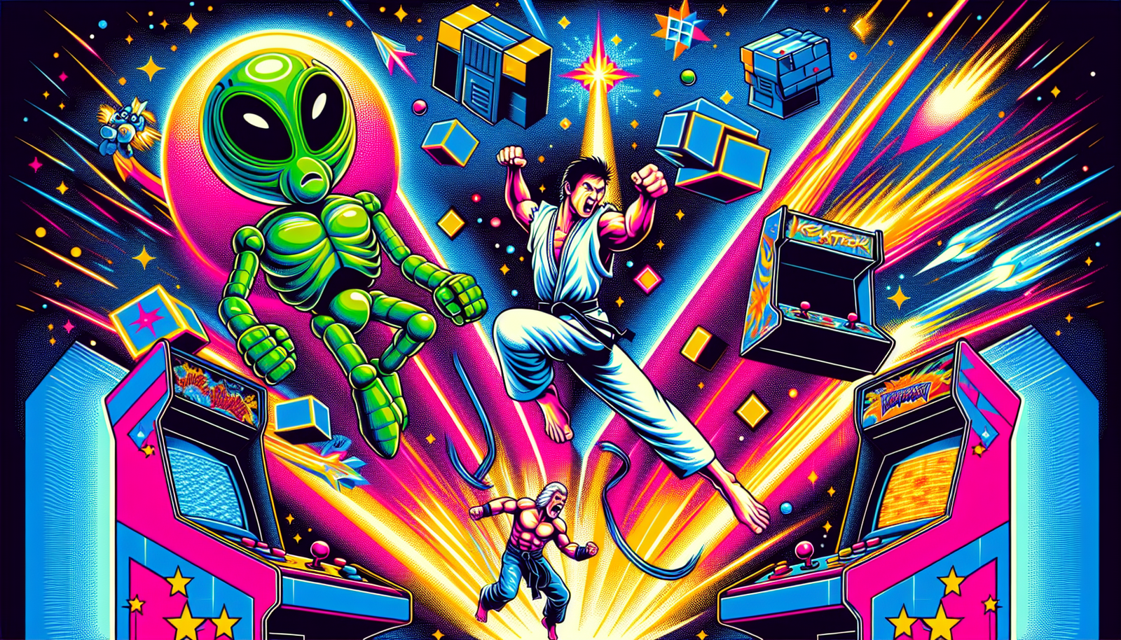 Popular arcade game characters illustrated in a dynamic scene.