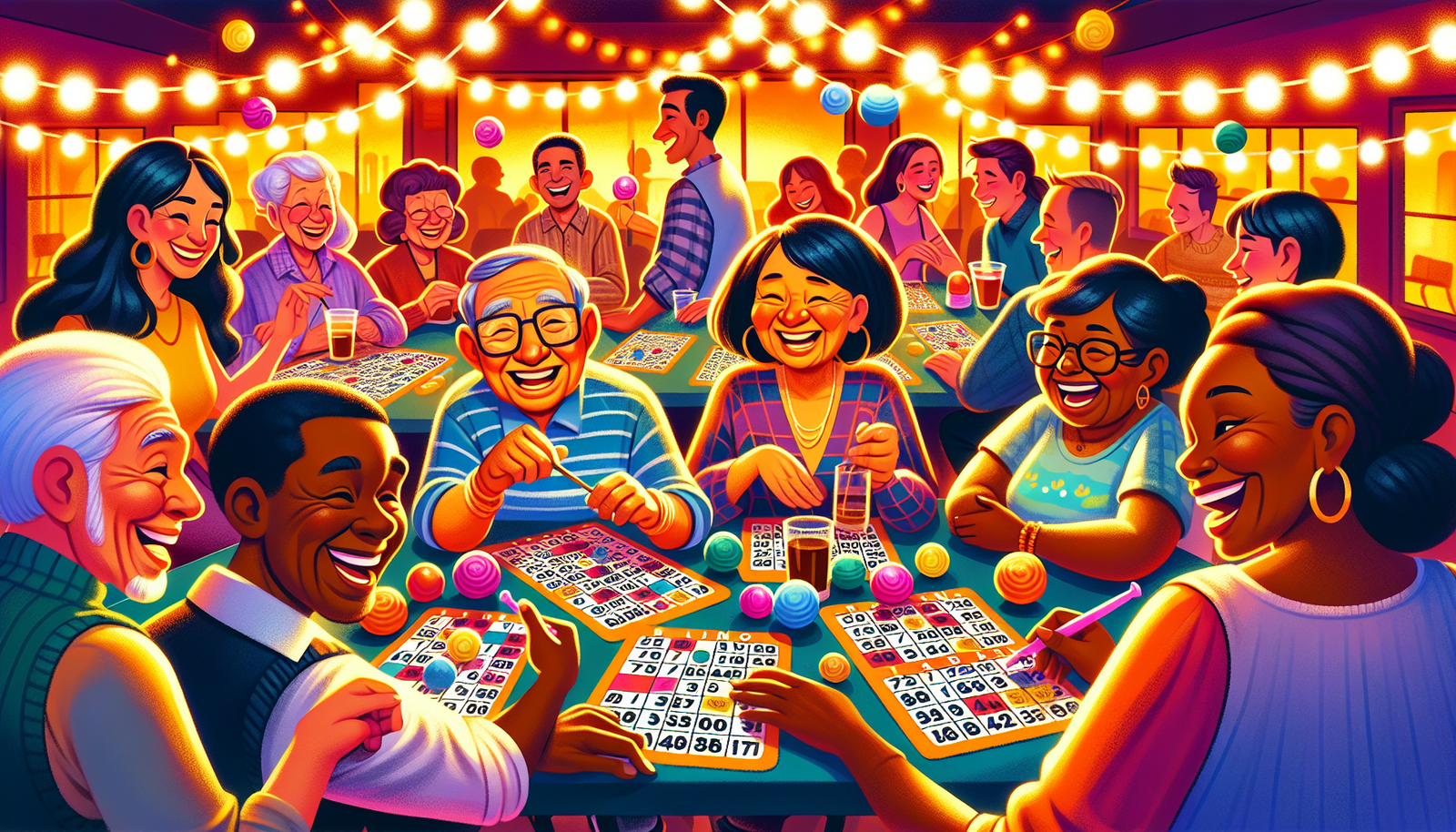 An illustration representing community engagement through bingo betting, featuring players and bingo elements.