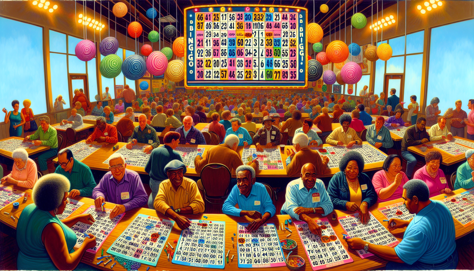 An illustration depicting various bingo cards and a bingo hall setting.