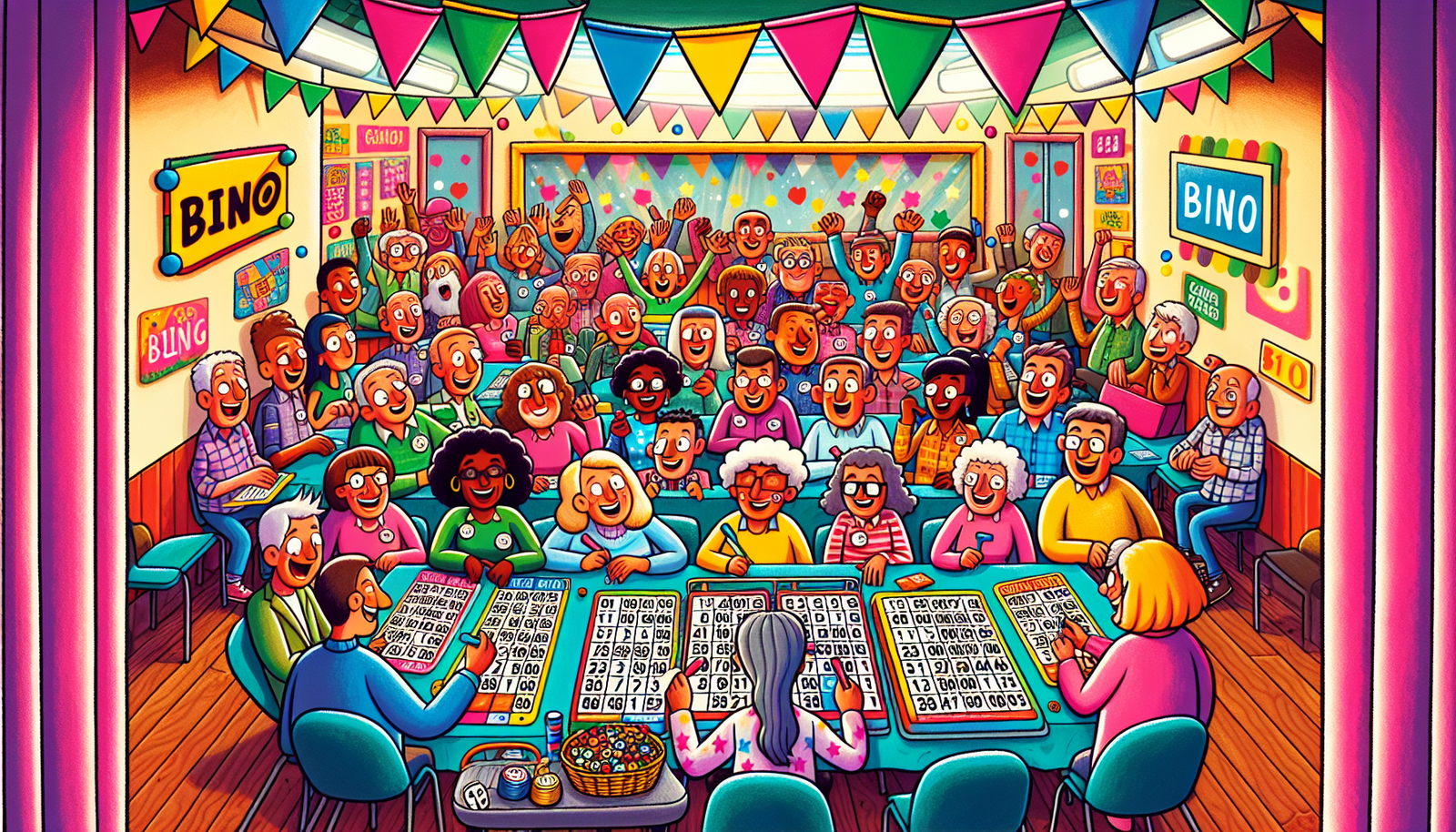 A cartoon showing players actively participating in a bingo game.