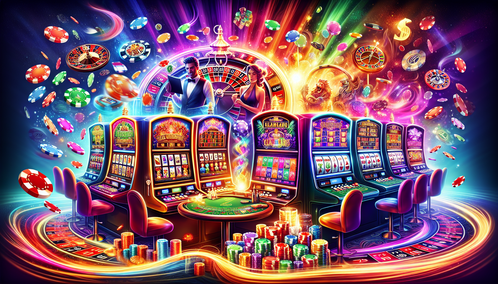 An illustration depicting various types of casino games available online.