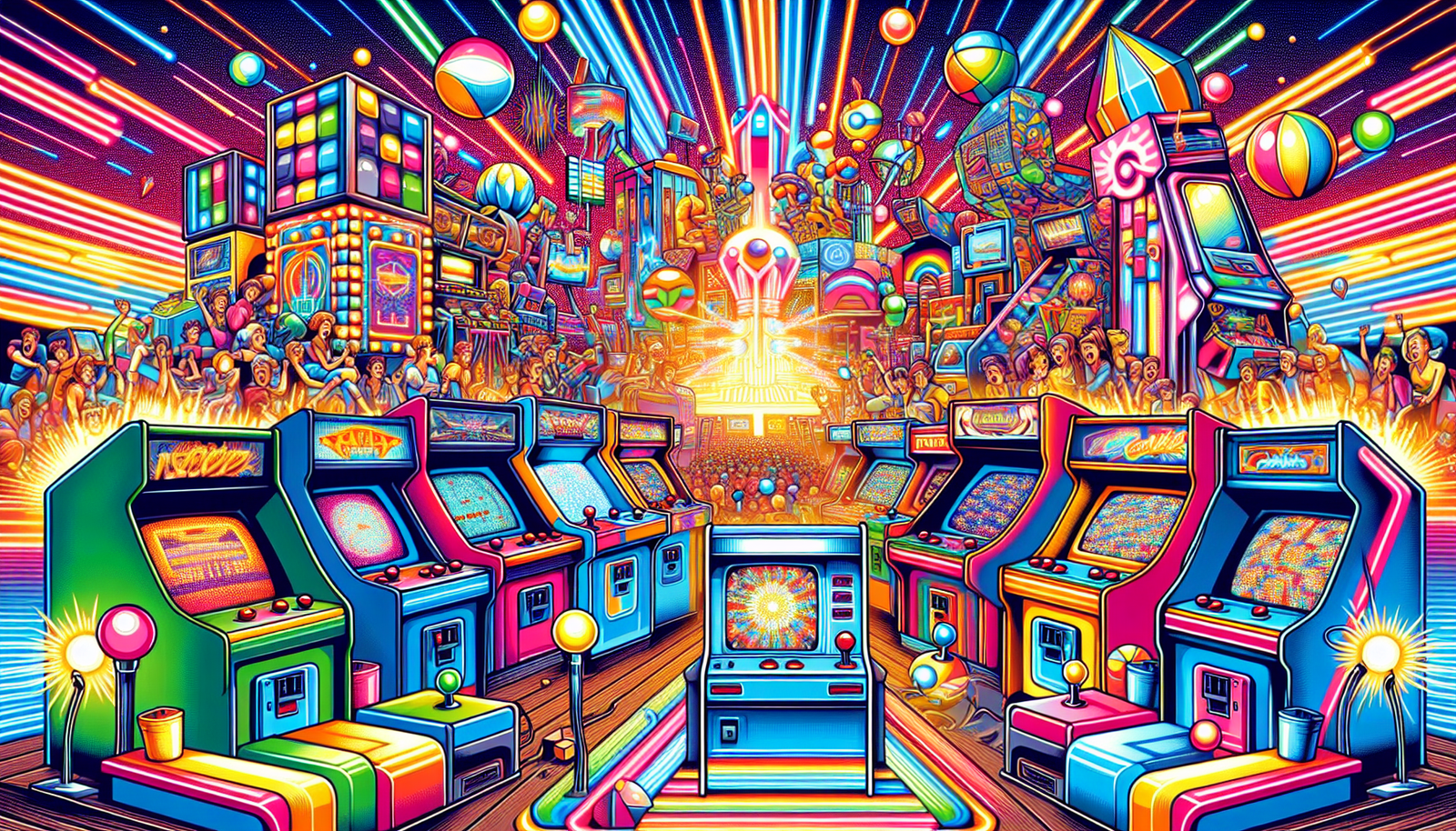 An illustration representing various arcade games.